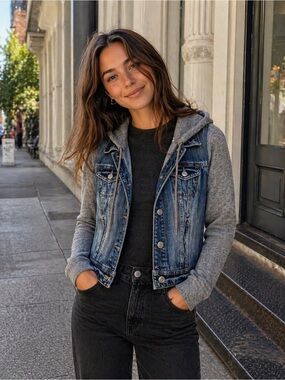 American Eagle Outfitters Blue Denim Jacket with Gray Knit Hood & Sleeves